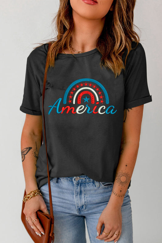 AMERICA Embroidered Round Neck Cuffed Tee Shirt-Jewearrings