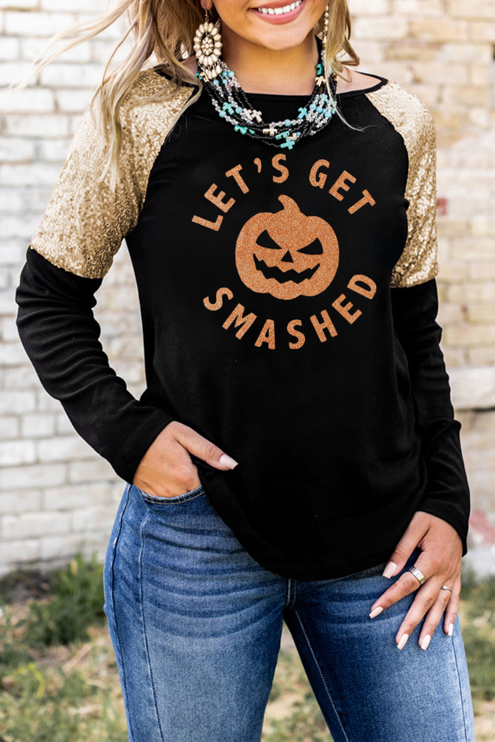 Graphic Sequin Long Sleeve Top-Jewearrings