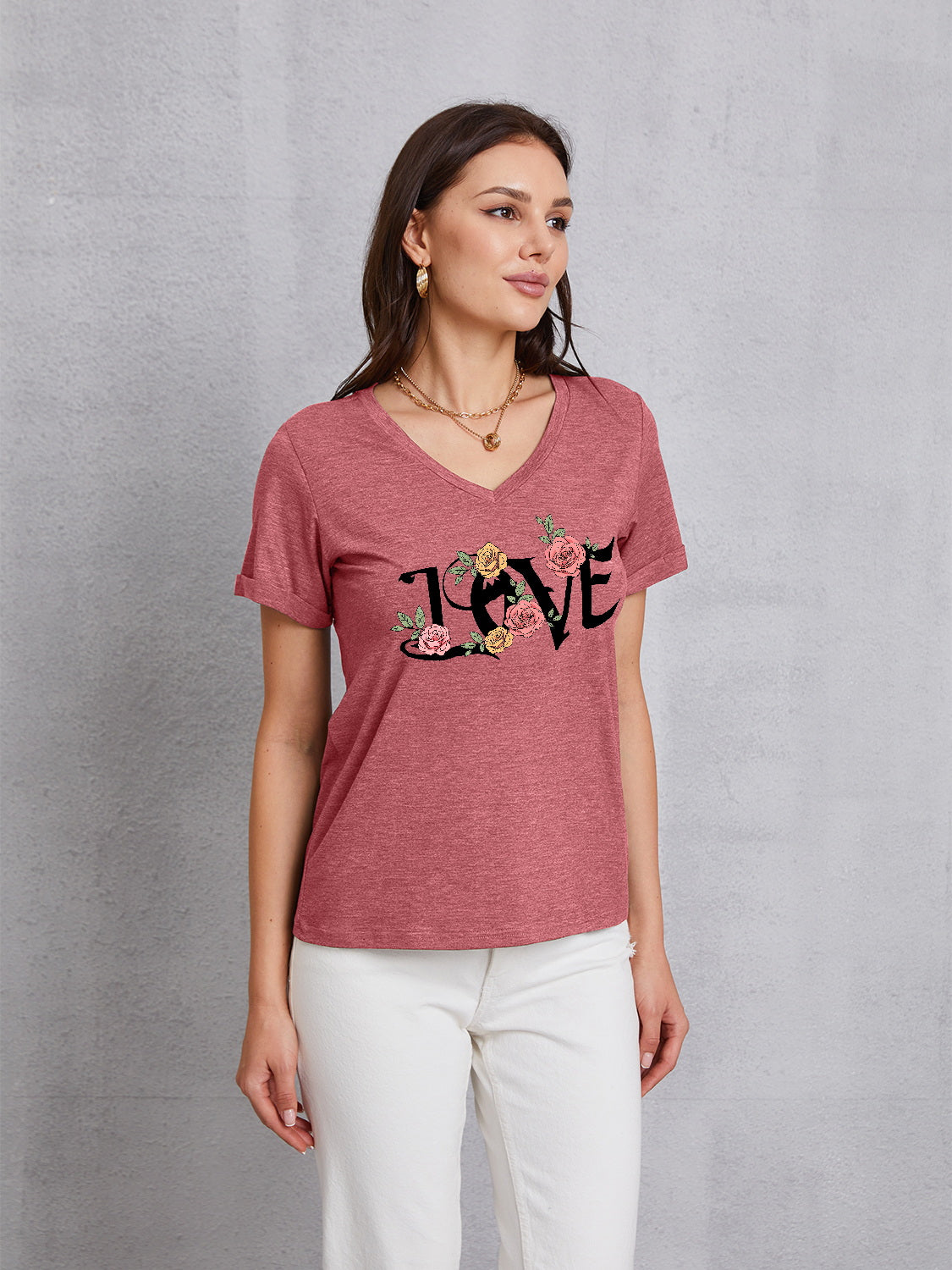 LOVE V-Neck Short Sleeve T-Shirt-Jewearrings