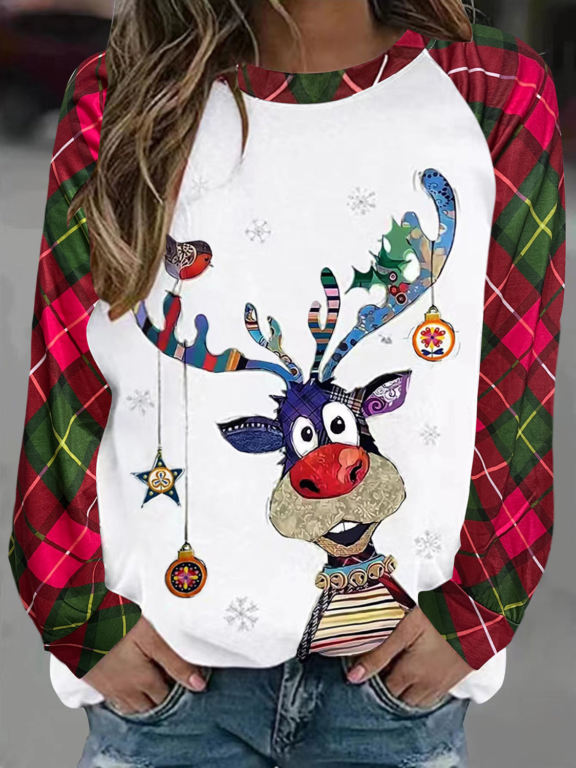 Plus Size Reindeer Graphic Plaid Long Sleeve T-Shirt-Jewearrings