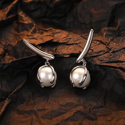 Women's Fashion Temperament Sterling Silver Pearl Leaf Earrings-Jewearrings