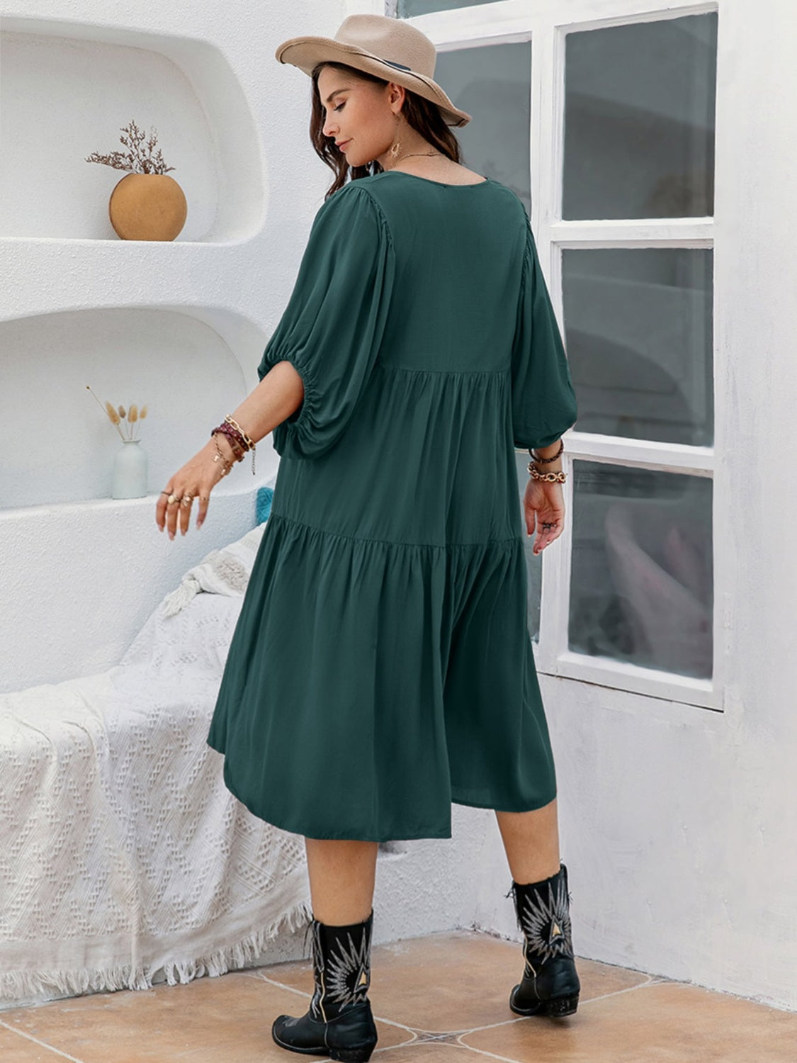 Plus Size Tie Neck Balloon Sleeve Midi Dress-Jewearrings