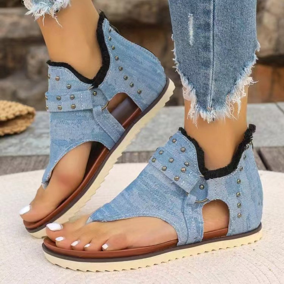 Studded Raw Hem Flat Sandals-Jewearrings