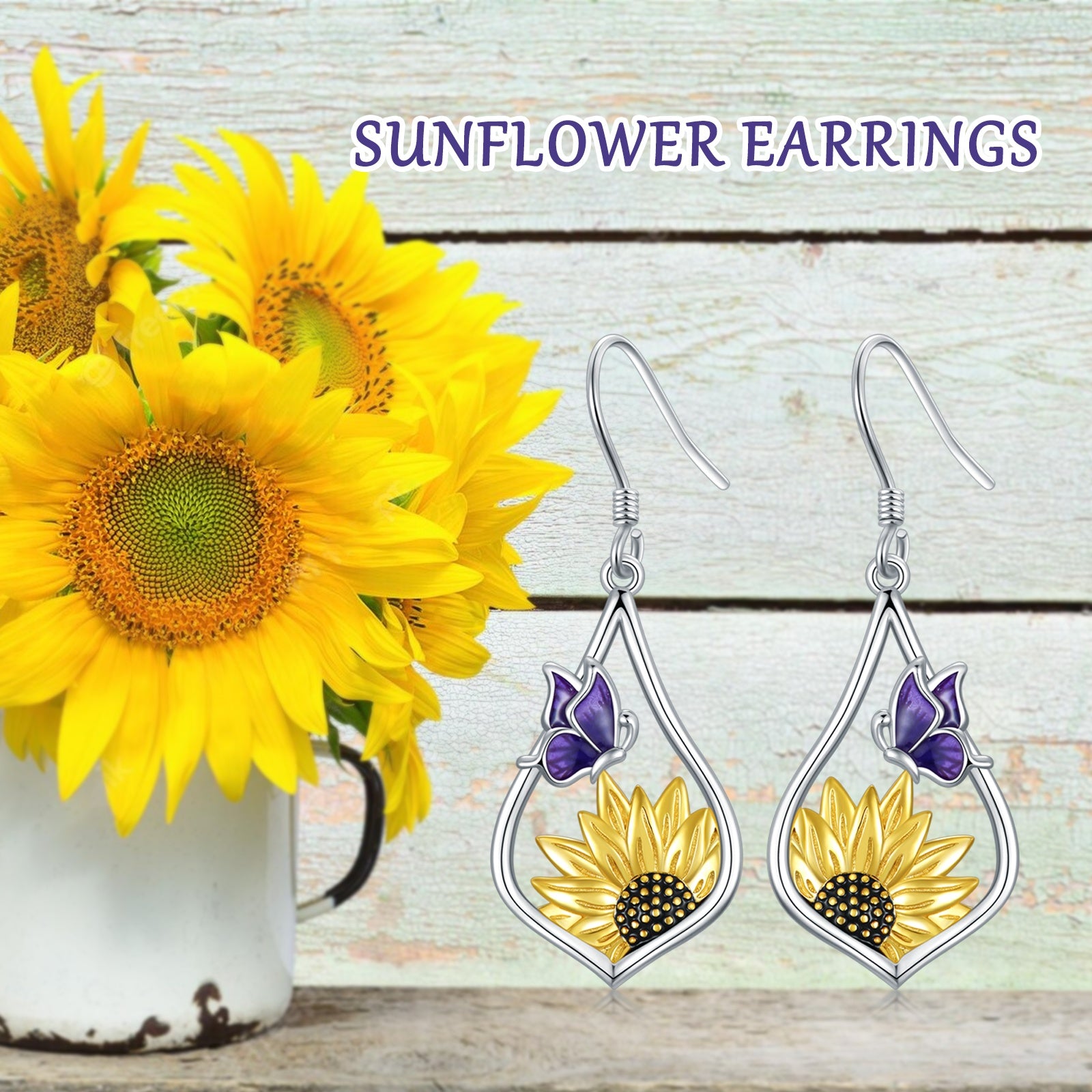 Sterling Silver Sunflower Dangle Earrings with Purple Butterfly Gift for Women-Jewearrings