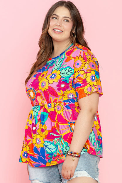 Plus Size Printed Round Neck Short Sleeve Top-Jewearrings