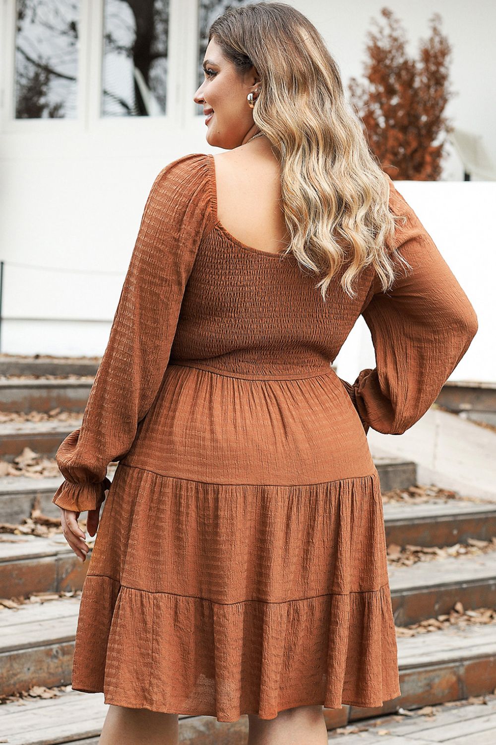 Plus Size Smocked Square Neck Tiered Dress-Jewearrings