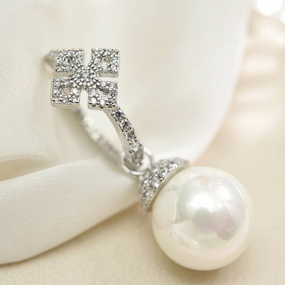 Micro-set Zircon Cross Pearl Silver Needle Earrings-Jewearrings