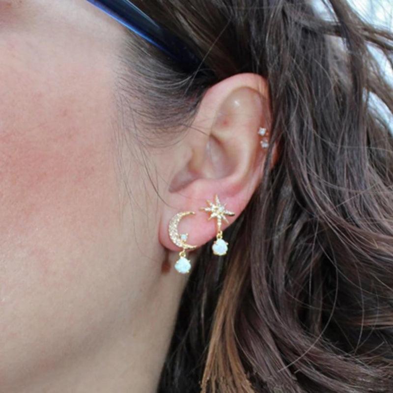 Asymmetric Star White Fire Opal Drop Earrings-Jewearrings