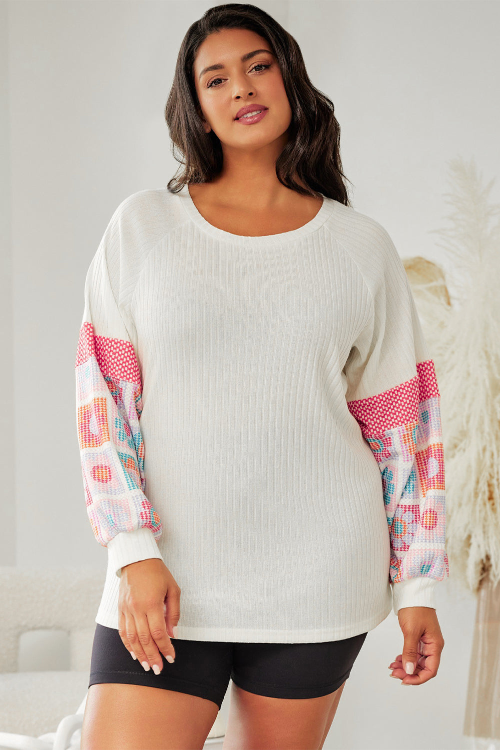 Plus Size Flower Pattern Round Neck Long Sleeve T-Shirt-Jewearrings