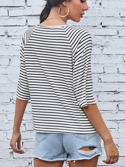 Striped Round Neck Raglan Sleeve T-Shirt-Jewearrings