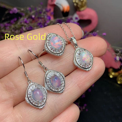 Natural Opal Set 925 Silver Plating Colorful Gemstone Necklace Ring Stud Earrings-Jewearrings