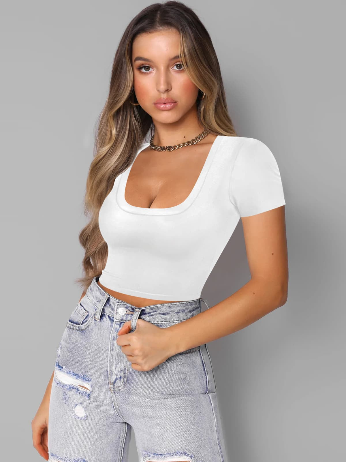 Square Neck Cropped T-Shirt-Jewearrings