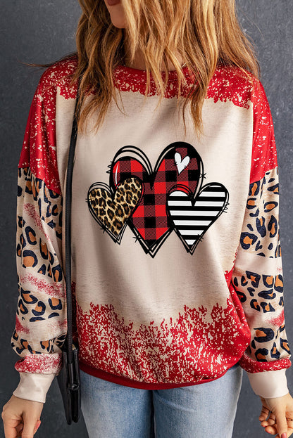 Heart Leopard Round Neck Sweatshirt-Jewearrings