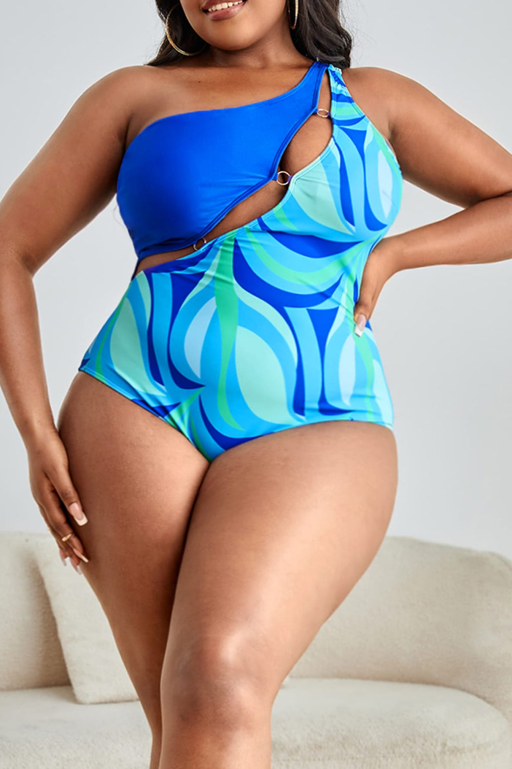 Plus Size Printed Ring Detail One-Shoulder One-Piece Swimsuit-Jewearrings