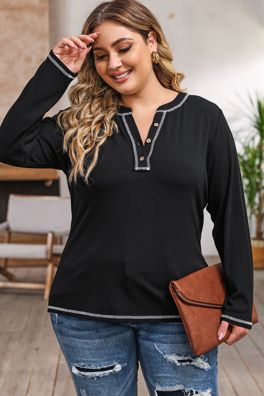 Plus Size Notched Neck Long Sleeve T-Shirt-Jewearrings