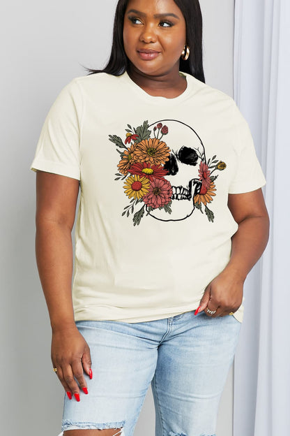 Simply Love Full Size Flower Skull Graphic Cotton Tee-Jewearrings