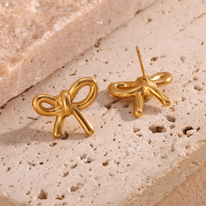 Stainless Steel 18K Gold Plating Cast Glossy Bow Stud Earrings-Jewearrings