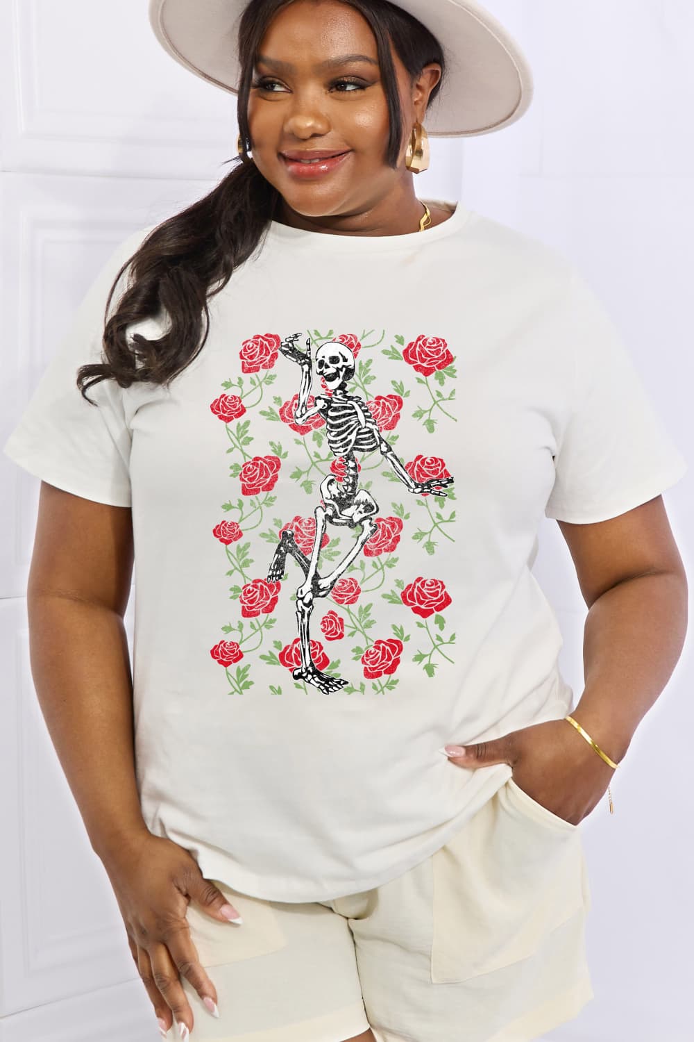 Simply Love Full Size Skeleton & Rose Graphic Cotton Tee-Jewearrings