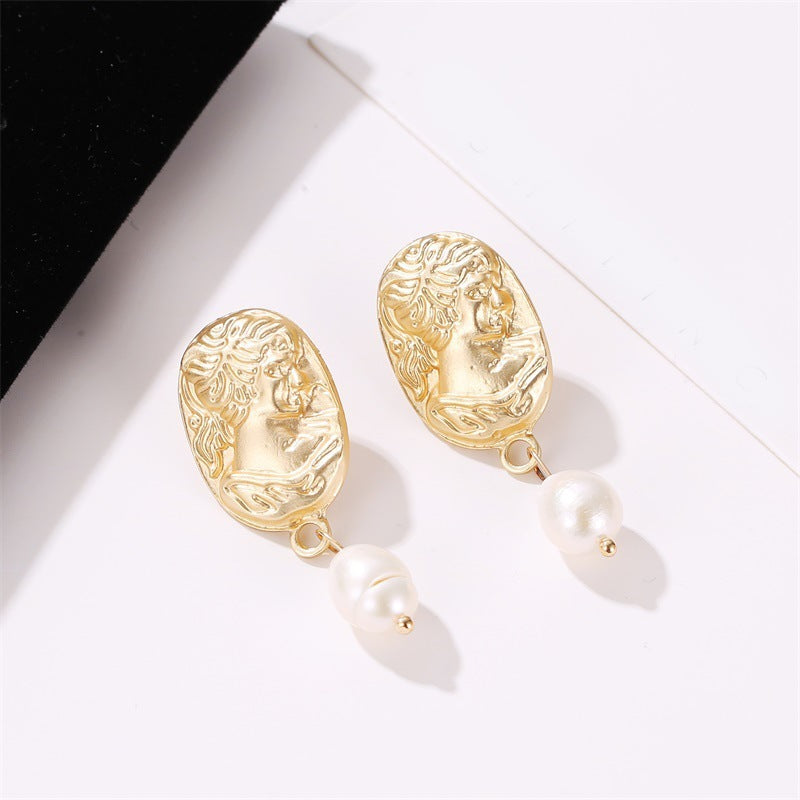 Simple Imitation Pearl Gold Ethnic Face Geometric Earrings-Jewearrings