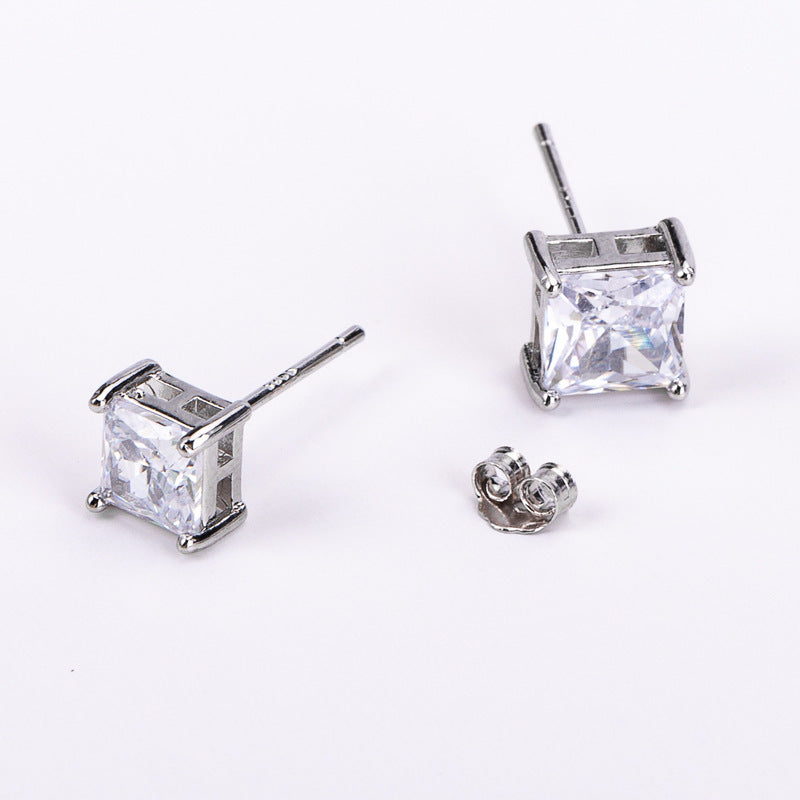 Sterling Silver Needle Four-claw Square Stud Earrings Inlaid Diamond Moissanite Stud Earrings 2-7mm Ear Ring-Jewearrings