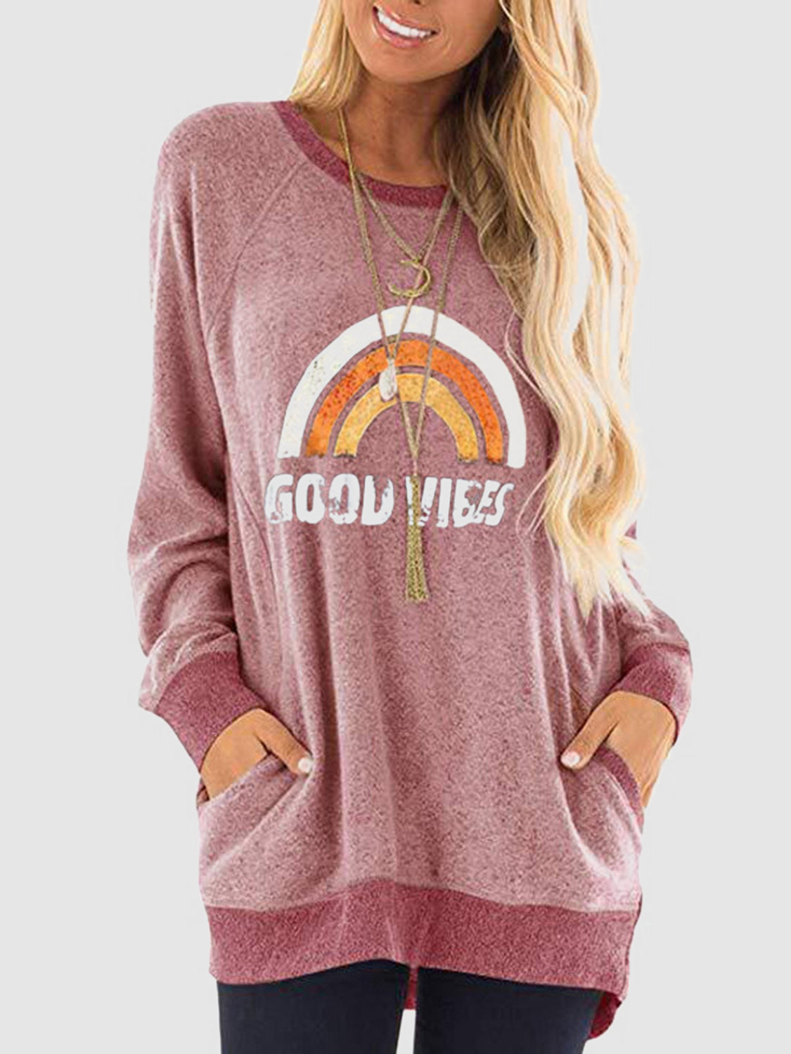 Rainbow Graphic Round Neck Sweatshirt with Pockets-Jewearrings