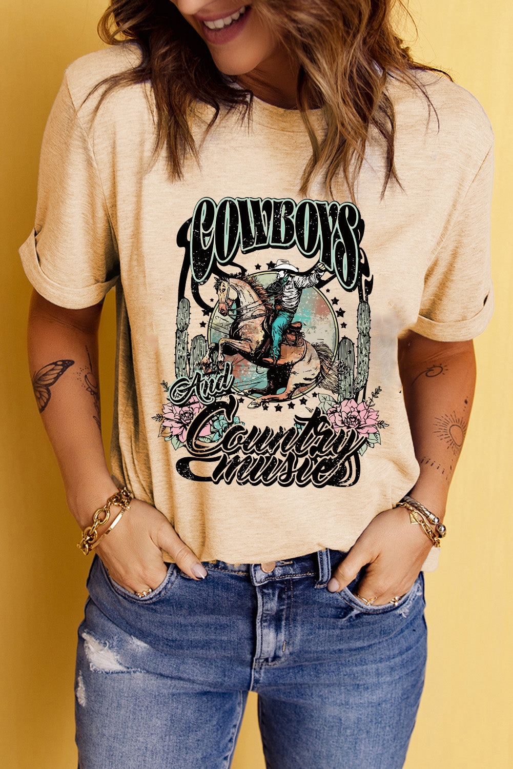 Short Sleeve Round Neck Cowboy Graphic Tee-Jewearrings