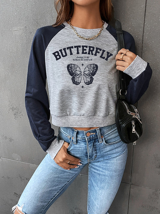 Round Neck Raglan Sleeve Butterfly Graphic Sweatshirt-Jewearrings