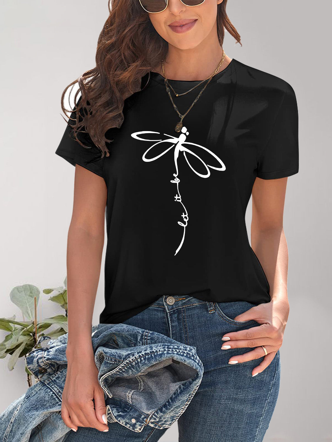 Dragonfly Graphic Round Neck Short Sleeve T-Shirt-Jewearrings