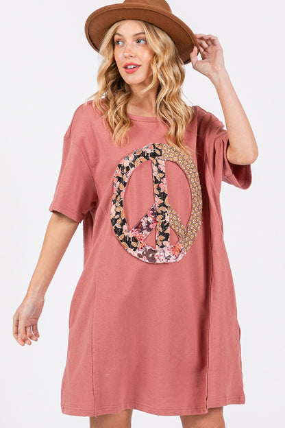 SAGE + FIG Full Size Peace Sign Applique Short Sleeve Tee Dress-Jewearrings