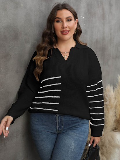 Plus Size Striped V-Neck Sweater-Jewearrings