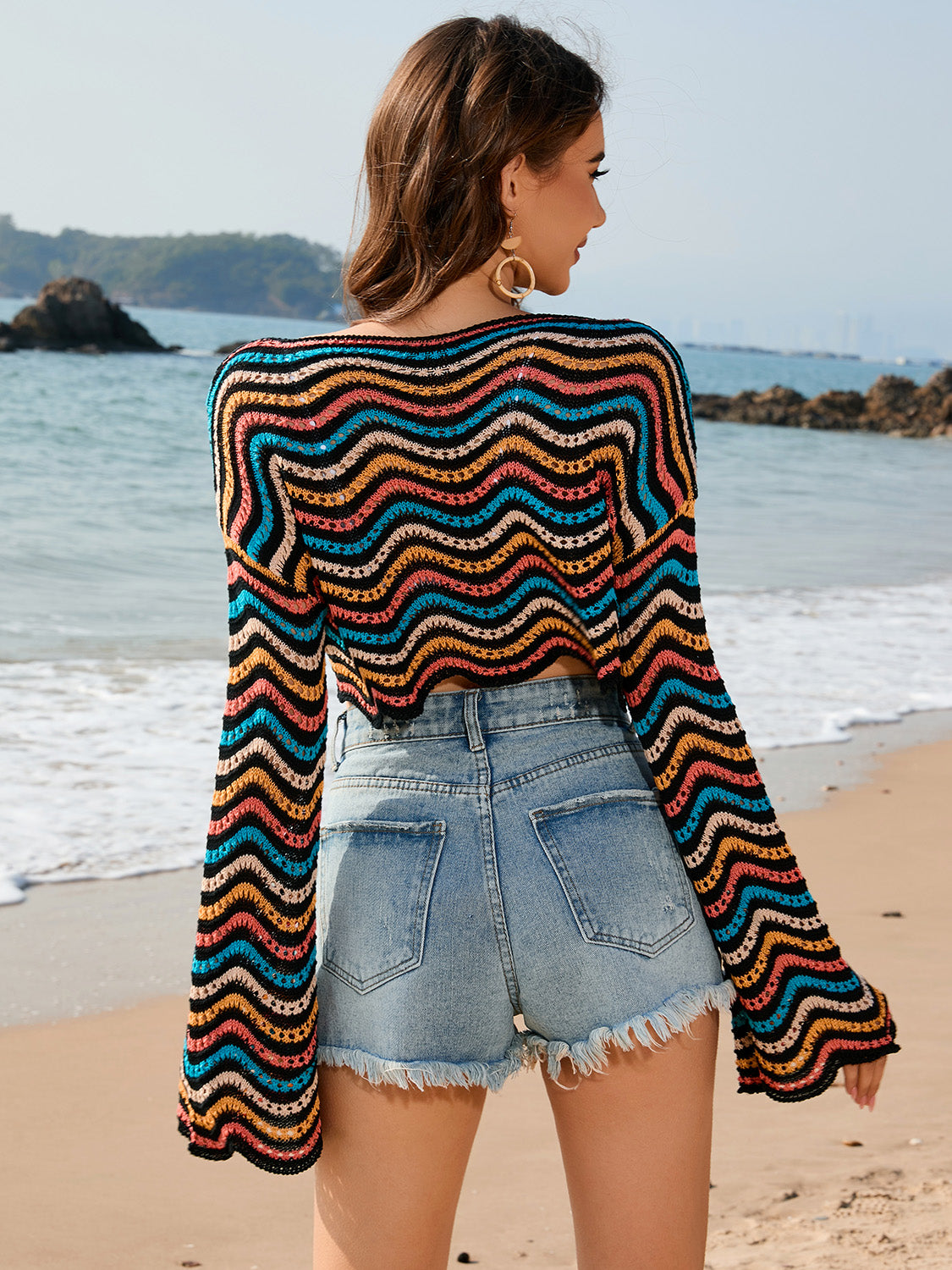 Striped Boat Neck Long Sleeve Cover Up-Jewearrings