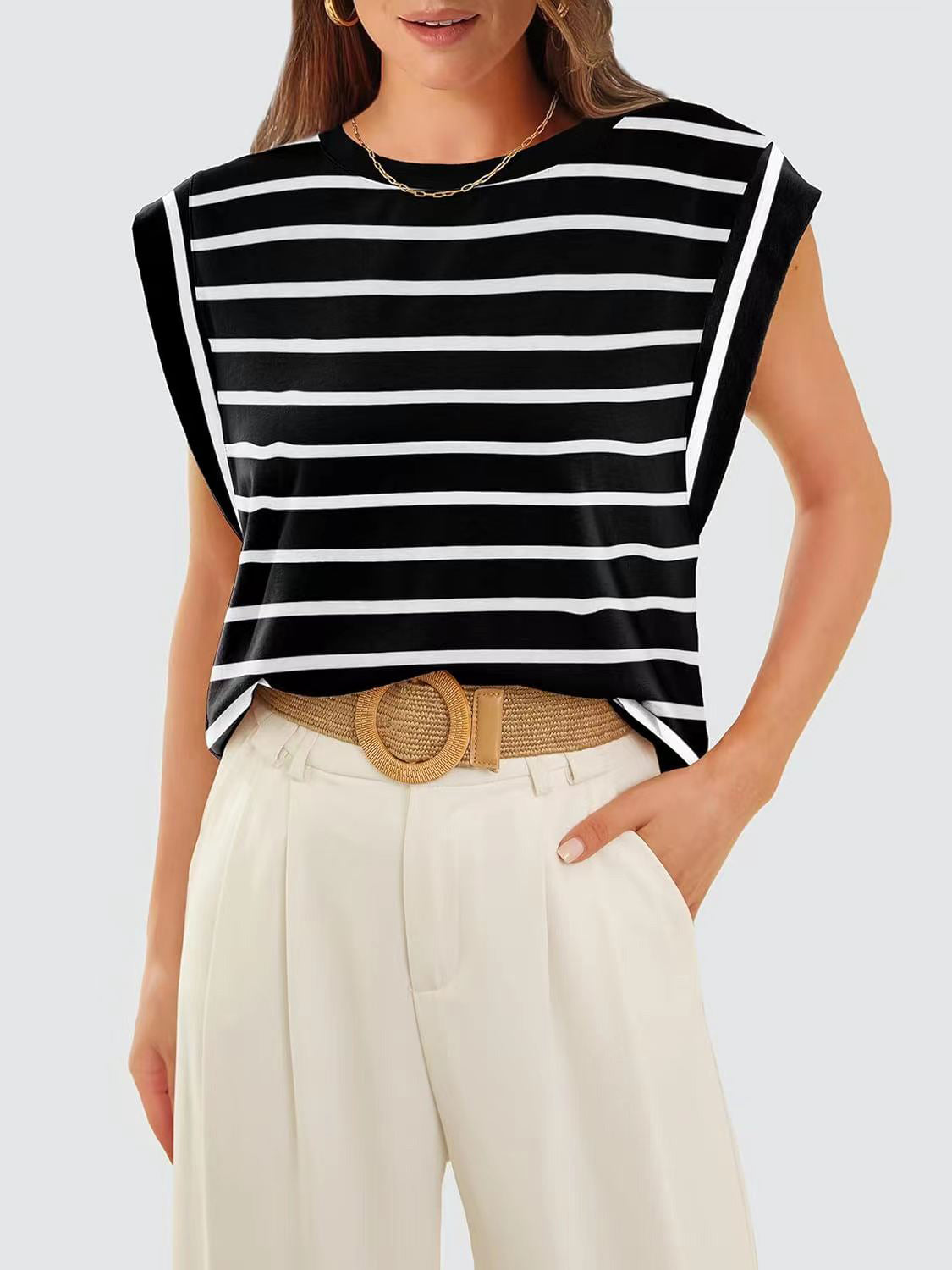 Striped Round Neck Cap Sleeve T-Shirt-Jewearrings