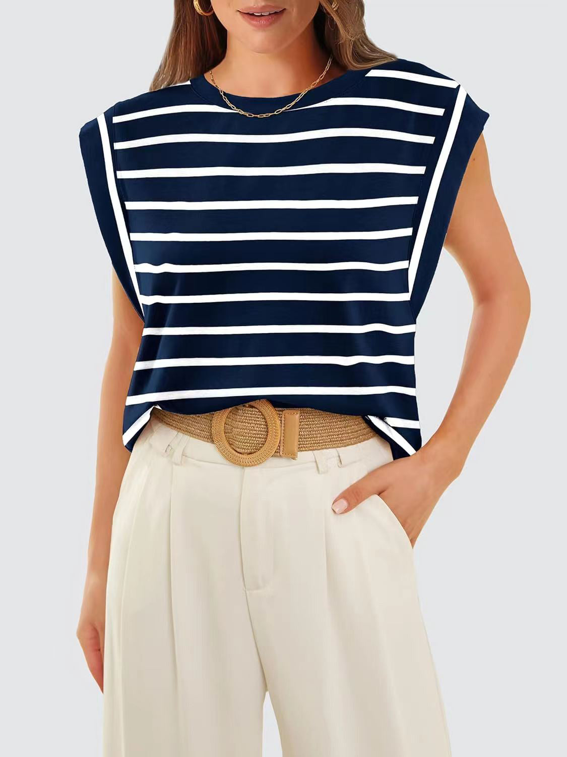 Striped Round Neck Cap Sleeve T-Shirt-Jewearrings