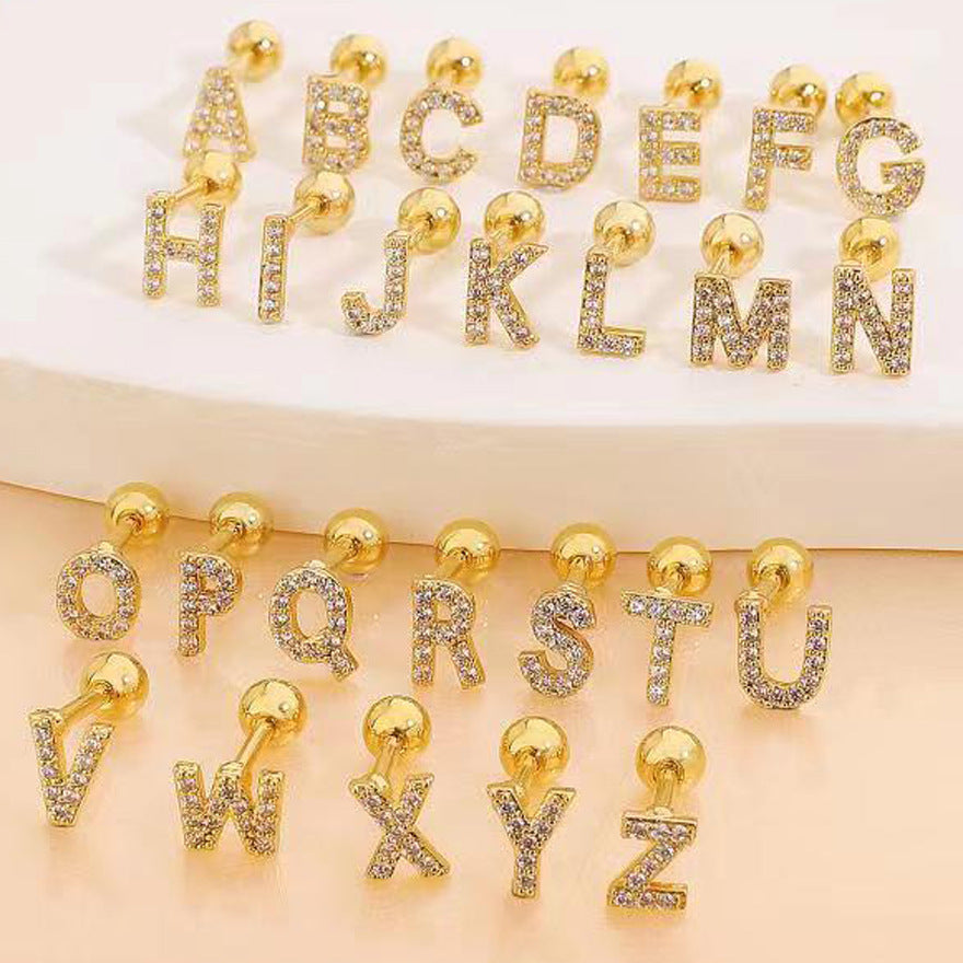 Inlaid Zircon 26 English Letters Ear Bone Stud Retro Personality Alloy Letter Thread Stud Earrings Ear Piercing-Jewearrings