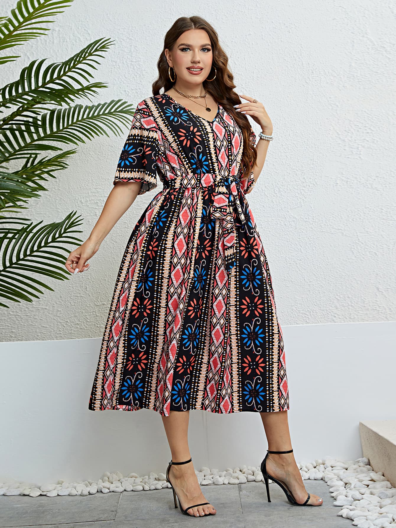 Plus Size Bohemian V-Neck Tie Belt Midi Dress-Jewearrings