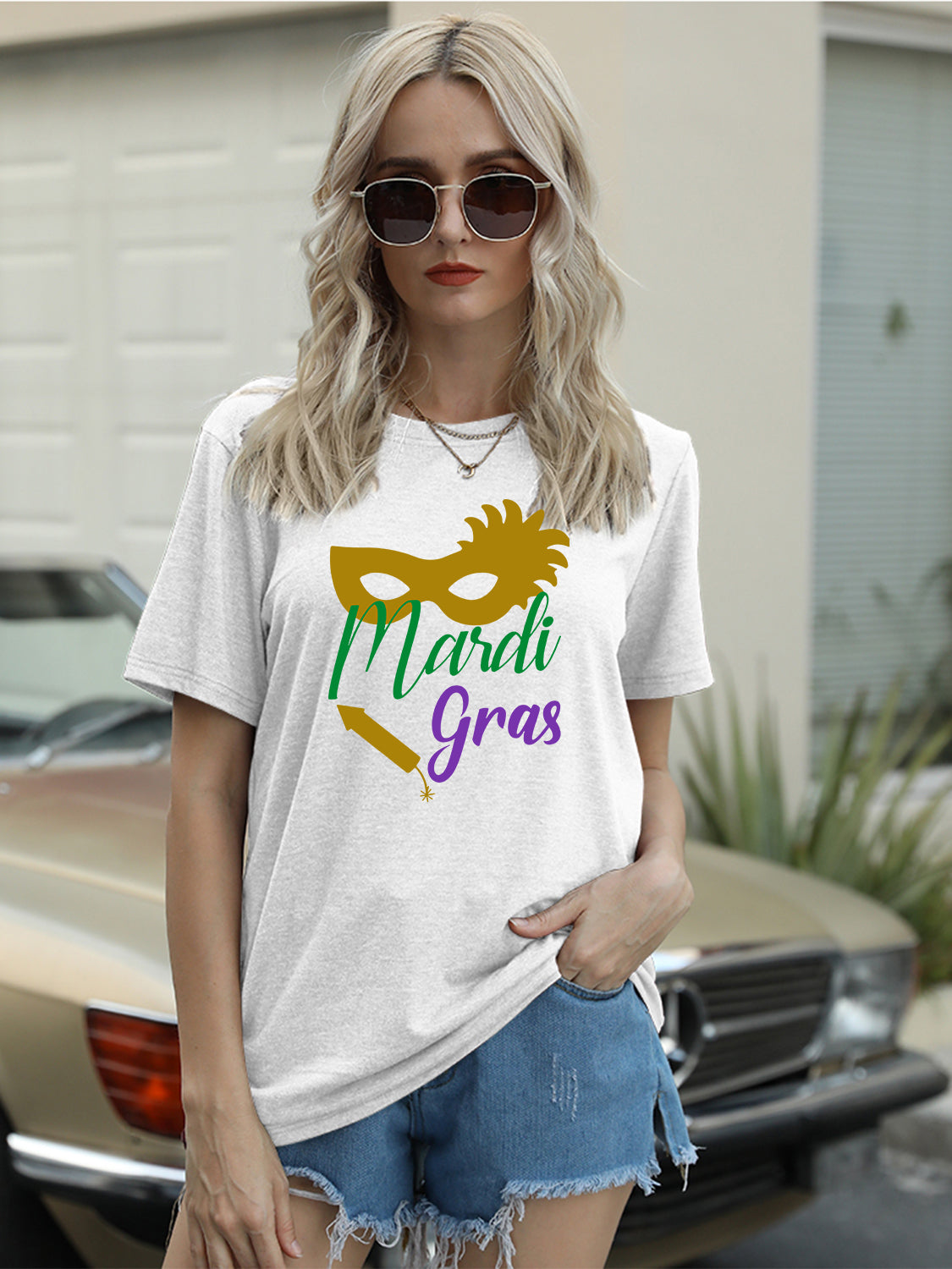 Full Size MARDI GRAS Round Neck Short Sleeve T-Shirt-Jewearrings