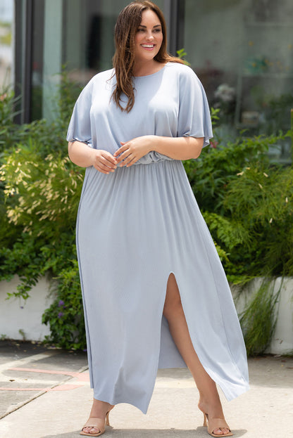 Plus Size Round Neck Split Flutter Sleeve Maxi Dress-Jewearrings