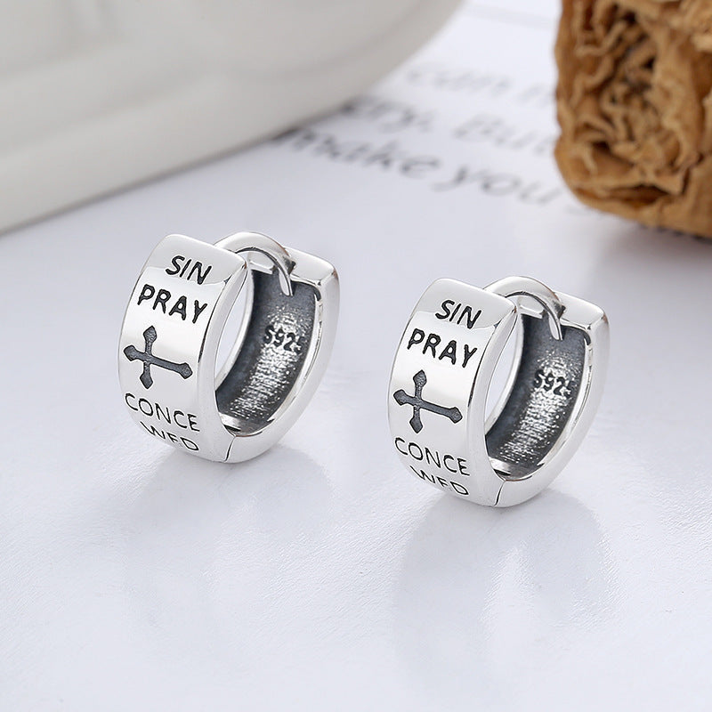 Sterling Silver Graffiti Cross English Letter Earrings-Jewearrings