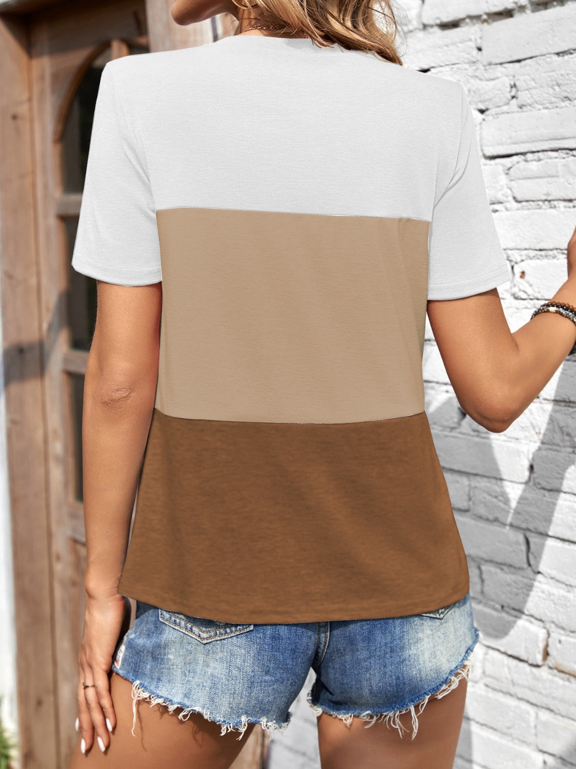 Color Block Round Neck Short Sleeve T-Shirt-Jewearrings