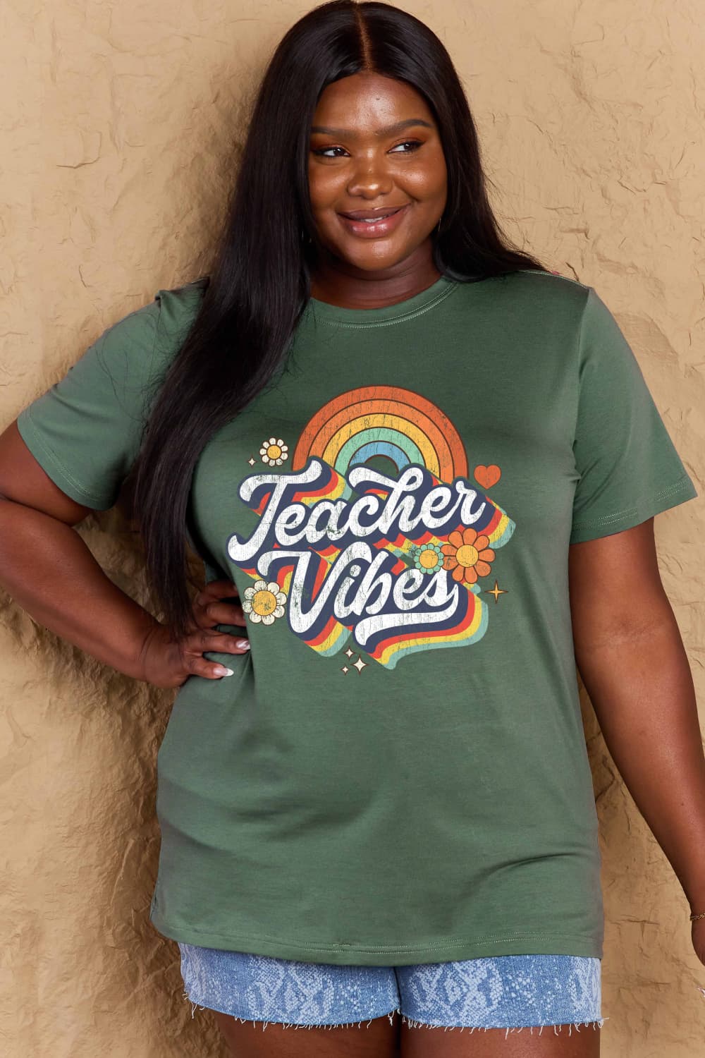 Simply Love Full Size TEACHER VIBES Graphic Cotton T-Shirt-Jewearrings