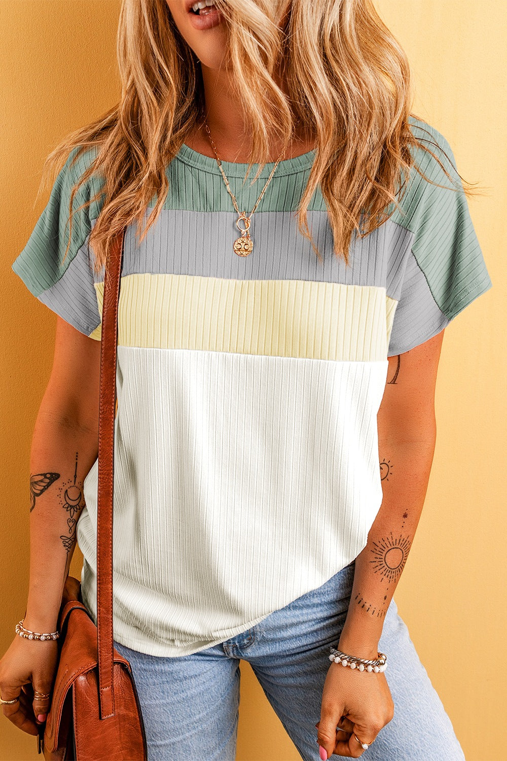 Color Block Round Neck Short Sleeve T-Shirt-Jewearrings