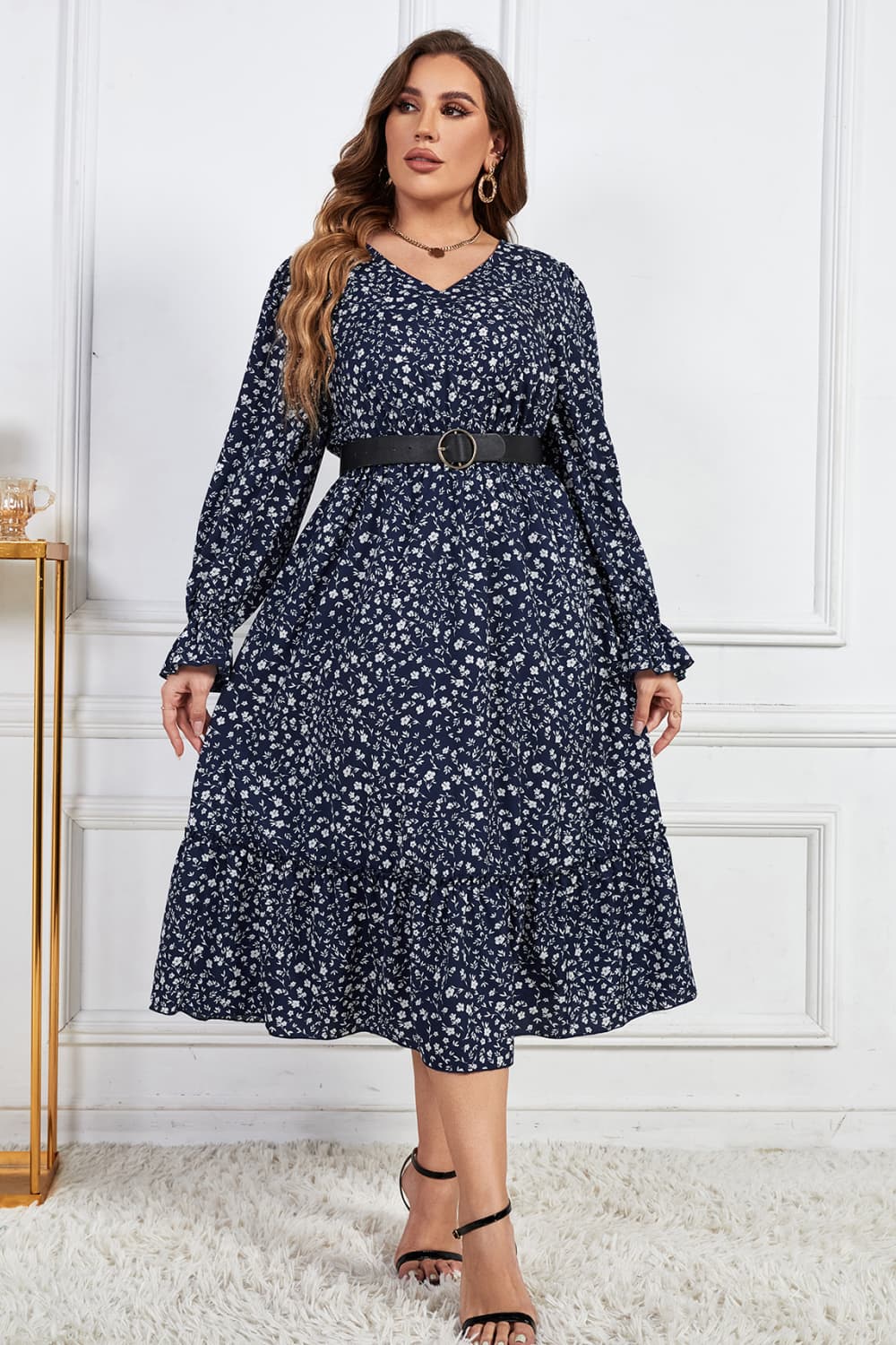 Melo Apparel Plus Size Floral Print V-Neck Flounce Sleeve Midi Dress-Jewearrings