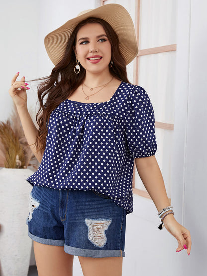 Plus Size Polka Dot Square Neck Blouse-Jewearrings