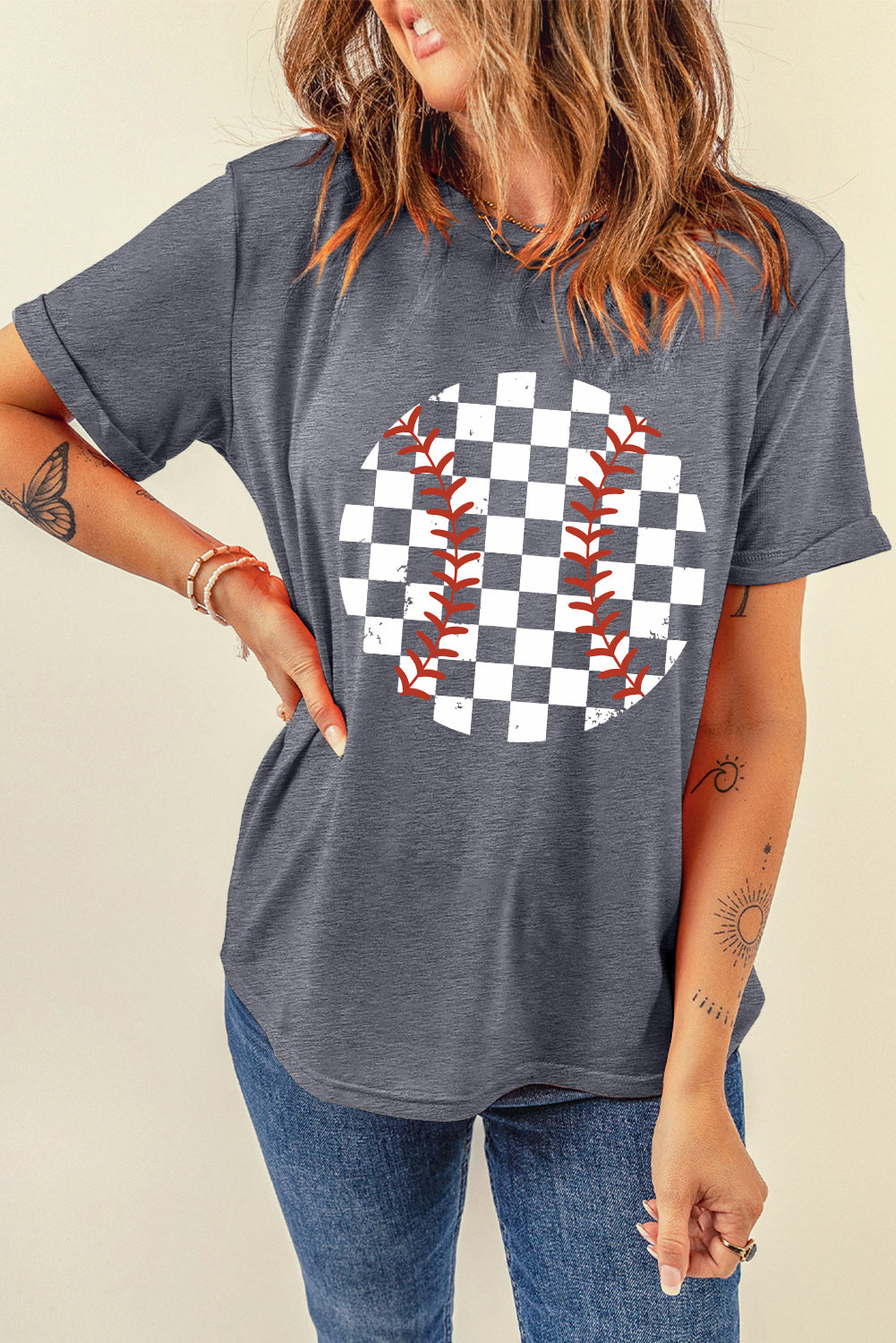 Checkered Graphic Round Neck Short Sleeve T-Shirt-Jewearrings