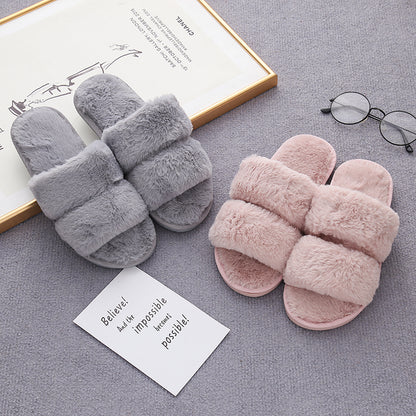 Faux Fur Double Strap Slippers-Jewearrings