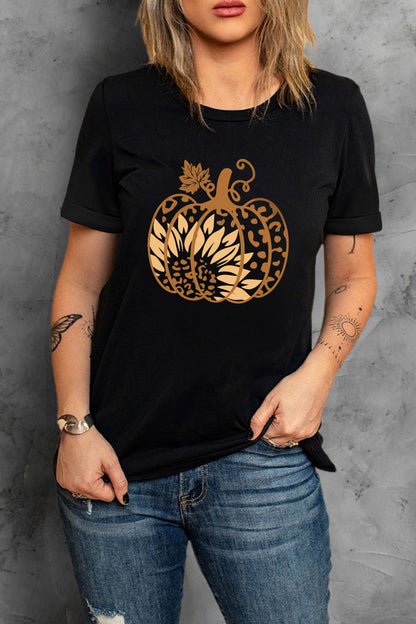 Round Neck Short Sleeve Pumpkin Graphic T-Shirt-Jewearrings