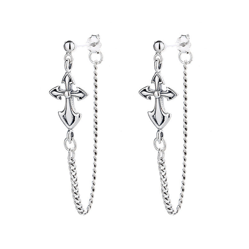 Sterling Silver Vintage Cross Chain Six-pointed Star Element Stud Earrings-Jewearrings