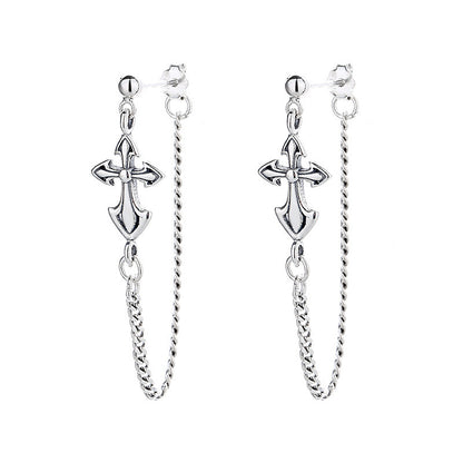 Sterling Silver Vintage Cross Chain Six-pointed Star Element Stud Earrings-Jewearrings