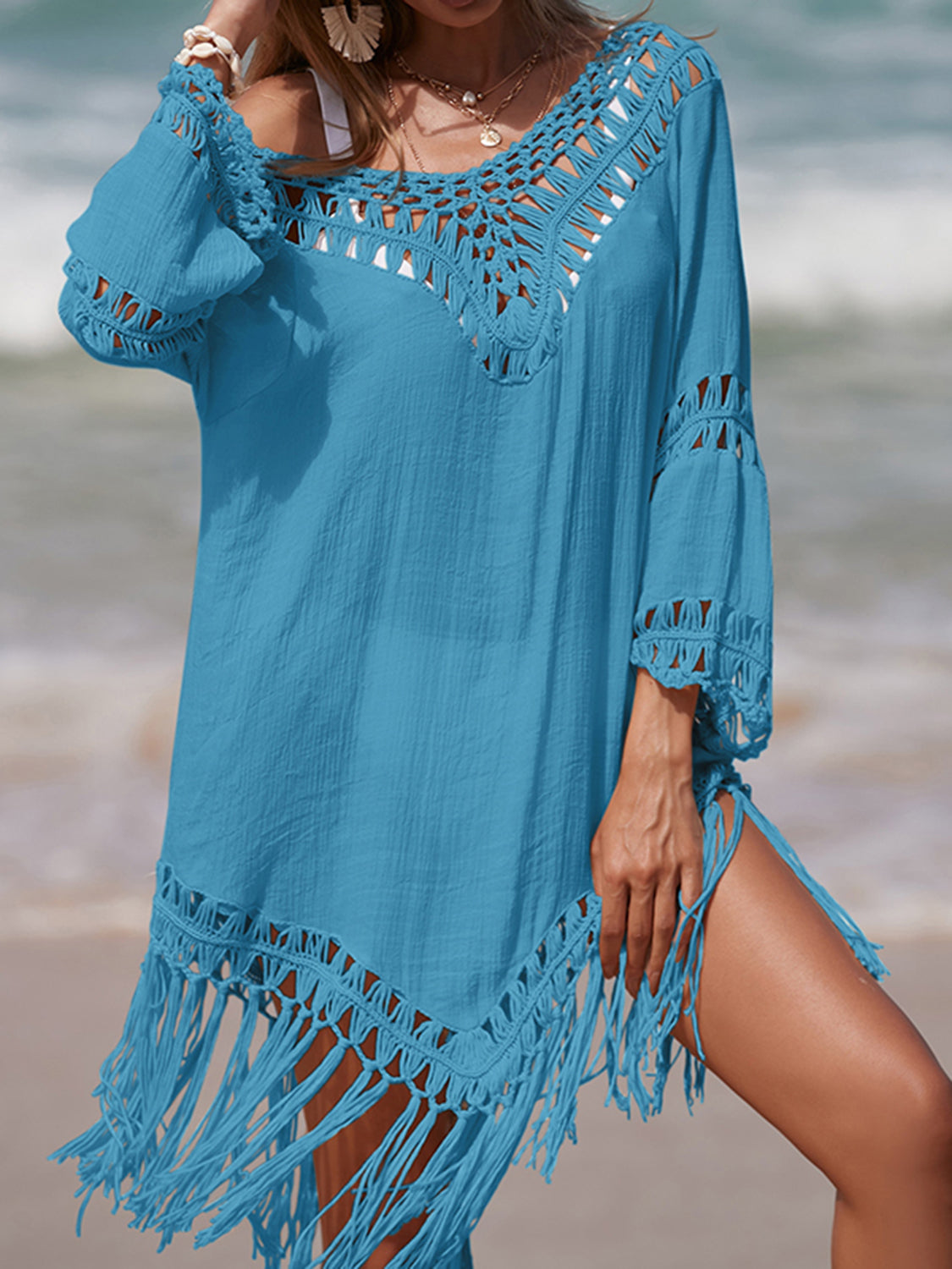 Cutout Fringe Scoop Neck Cover-Up-Jewearrings