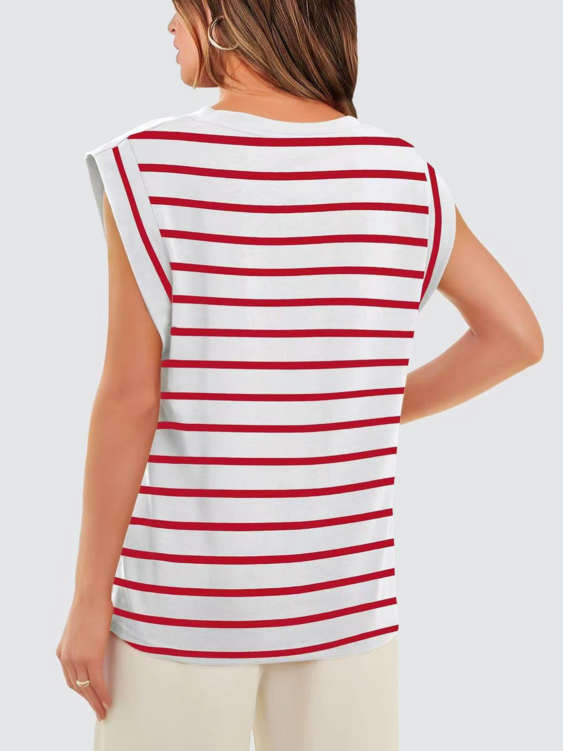 Striped Round Neck Cap Sleeve T-Shirt-Jewearrings